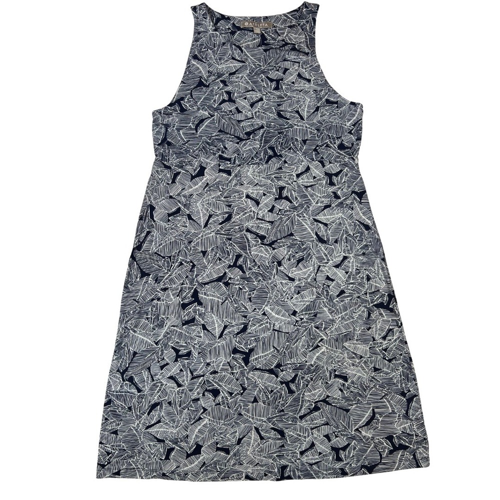 Athleta Santorini‎ High Neck Printed Dress Navy White Leaf Modal UPF 50+ Med NWT